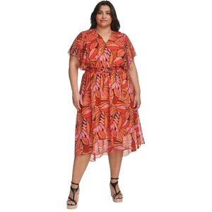 DKNY Women’s Plus Size Printed Smocked Fit & Flare Dress 14W